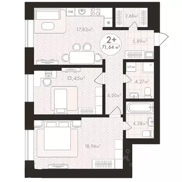 2-к кв. Башкортостан, Уфа Южный-2 мкр,  (71.64 м)