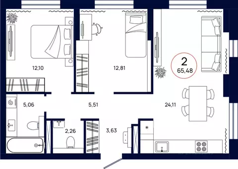 2-к кв. Тюменская область, Тюмень ул. Владислава Крапивина, 9 (65.48 ...