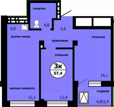 3-к кв. Красноярский край, Красноярск ул. Лесников, 55 (56.2 м)