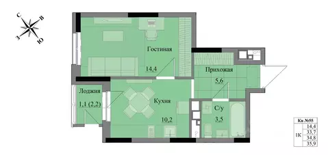 1-к кв. Удмуртия, Ижевск Краски Леса жилой комплекс (34.8 м)