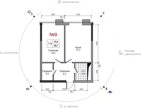 1-к кв. Калужская область, Обнинск ул. Усачева (46.7 м)