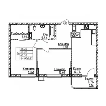 2-к кв. Калининградская область, Калининград ул. Дубовая Аллея (62.35 ...