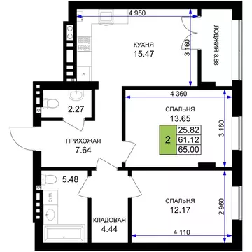 2-к кв. Калининградская область, Гурьевск Включи жилой комплекс (65.0 ...