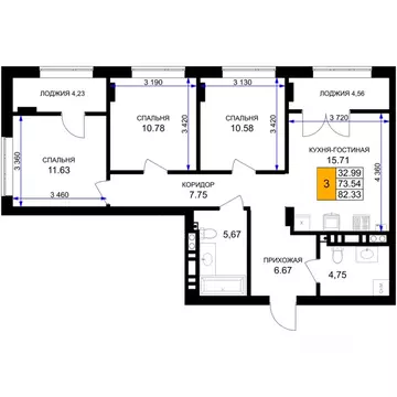 3-к кв. Калининградская область, Гурьевск Включи жилой комплекс (82.33 ...