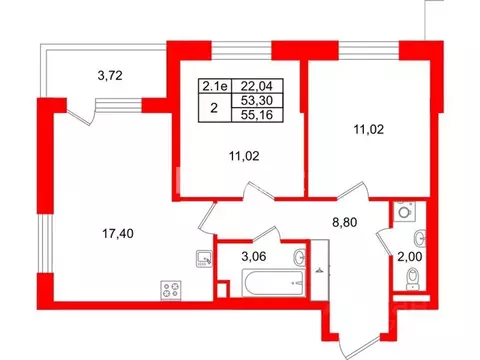 2-к кв. Санкт-Петербург Пулковское ш., 99к6 (53.3 м)