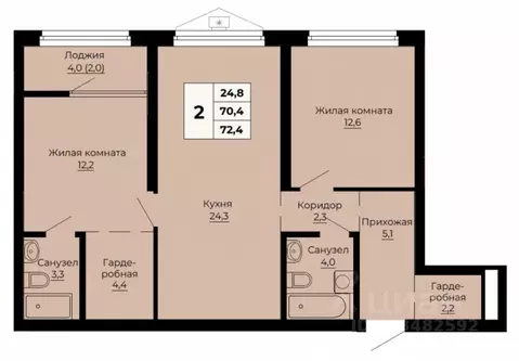 2-к кв. Свердловская область, Екатеринбург ул. Одинарка, 6 (72.4 м)