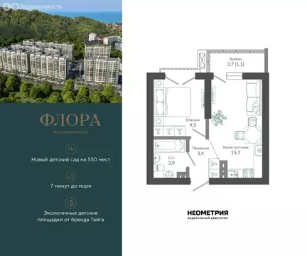 1-комнатная квартира: Сочи, улица Искры, 66/9к7 (33.7 м)