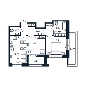 2-комнатная квартира: Новоселье, Центральная улица, 30к2 (49 м)