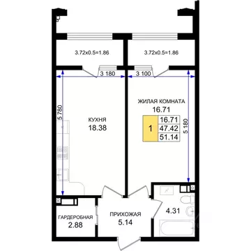 1-к кв. Краснодарский край, Новороссийск 5-я Бригада мкр,  (51.14 м)