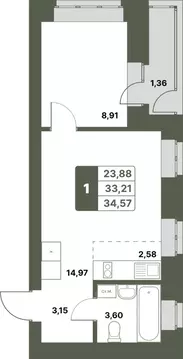 1-к кв. Башкортостан, Уфимский район, с. Миловка  (34.57 м)