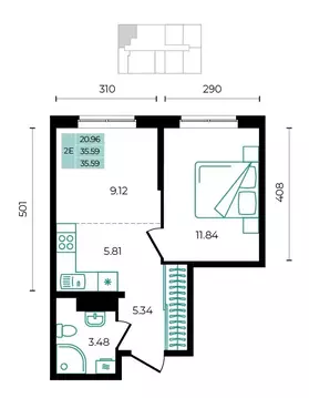 2-к кв. Адыгея, Майкопский район, пос. Тульский  (35.59 м)