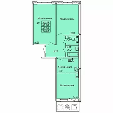 3-комнатная квартира: Хабаровск, ул. Совхозная (58.9 м)