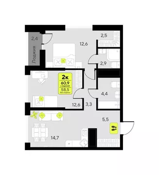 2-комнатная квартира: Тюмень, улица Андрея Приказнова, 1 (60.9 м)