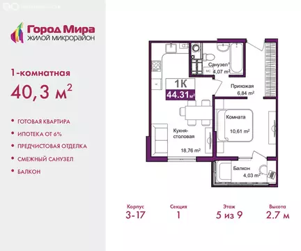 1-комнатная квартира: Симферополь, улица Батурина, 145 (40.3 м)