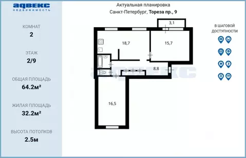 2-к кв. Санкт-Петербург просп. Тореза, 9 (64.2 м)