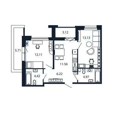 2-комнатная квартира: Новоселье, Центральная улица, 30к2 (52 м)
