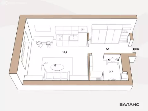 1-комнатная квартира: Тюмень, улица Республики, 204к17 (21.8 м)