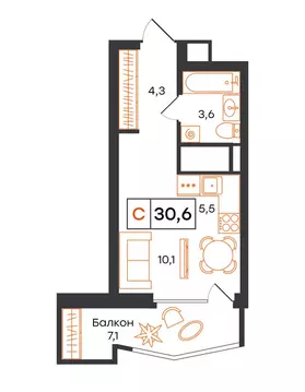 Квартира-студия: Екатеринбург, улица Патриса Лумумбы, 54 (30.6 м)
