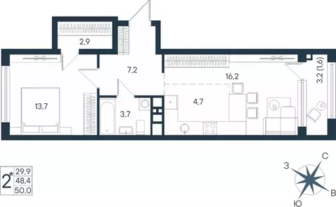 Студия Пермский край, Пермь ул. Космонавта Беляева, 17 (50.0 м)