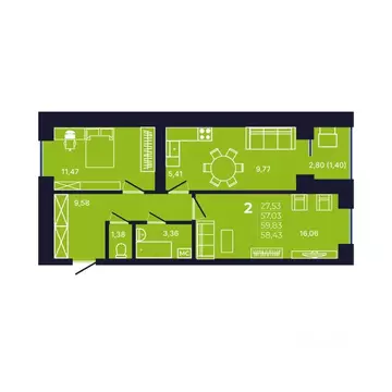 2-к кв. Башкортостан, Уфа ул. Михаила Зайцева, 8 (58.1 м)