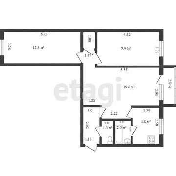 3-комнатная квартира: Ишим, улица Карла Маркса, 60 (53.9 м)