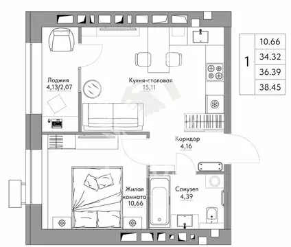 1-комнатная квартира: Калуга, Счастливая улица, 11Б (38.45 м)