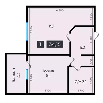 1-к кв. Ставропольский край, Ставрополь ул. Южный обход, 53В (34.4 м)