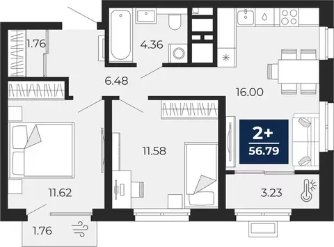 2-комнатная квартира: Тюмень, Ленинский округ, ЖК Беринг (56.79 м)