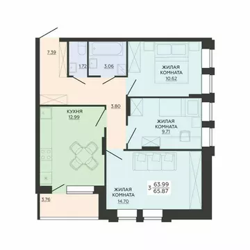 3-комнатная квартира: Воронеж, улица Гаршина, 25к1 (65.87 м)