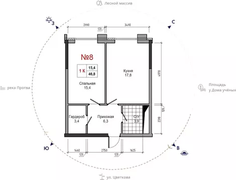 1-к кв. Калужская область, Обнинск ул. Усачева (46.8 м)