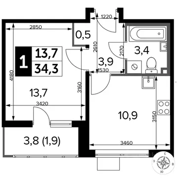 1-к кв. Московская область, Люберцы ул. Рождественская, 12 (34.3 м)