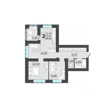 2-к кв. Брянская область, Брянск Архитектор жилой комплекс (62.24 м)