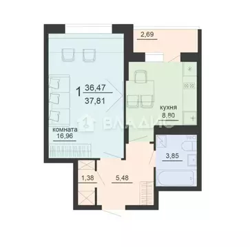 1-комнатная квартира: Воронеж, улица Богдана Хмельницкого, 53А (37.81 ...