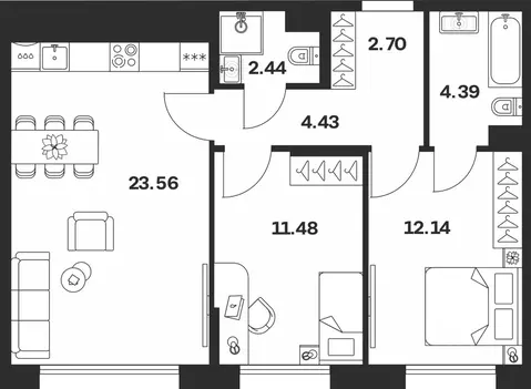 2-к кв. Тульская область, Тула Жукова Парк жилой комплекс (61.14 м)