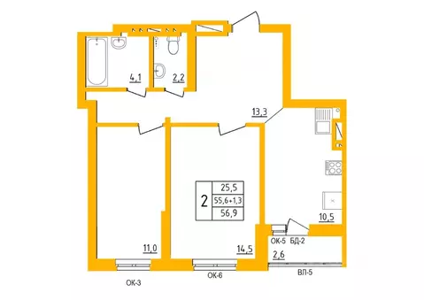2-к кв. Башкортостан, Уфа Инорс-4Б мкр, Акварель жилой комплекс (56.9 ...