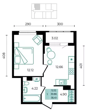 1-комнатная квартира: Майкопский район, посёлок Тульский (35.41 м)