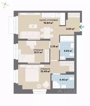 2-к кв. Свердловская область, Екатеринбург Эльмаш жилрайон,  (59.44 м)