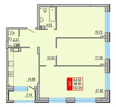 3-к кв. Тверская область, Тверь Петербургское ш. (102.04 м)