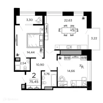 2-к кв. Рязанская область, Рязань ул. 1-я Железнодорожная (75.45 м)