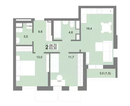 2-к кв. Свердловская область, Екатеринбург ул. Семена Лагоды, 80 (63.3 ...