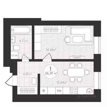 1-к кв. Башкортостан, Уфа Южный-2 мкр,  (36.37 м)