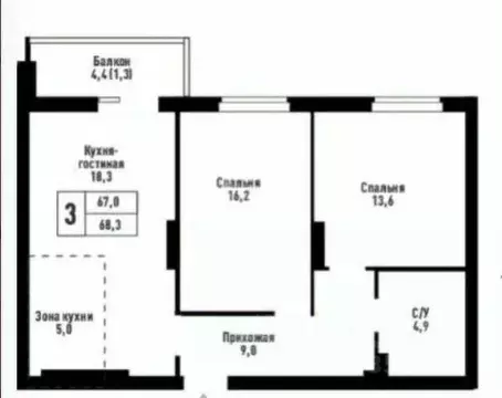 3-к кв. Алтайский край, Барнаул Промышленная ул., 6 (68.3 м)