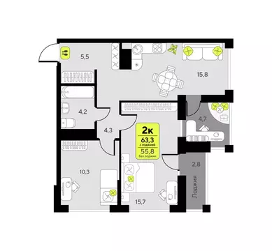 2-комнатная квартира: Тюмень, улица Первооткрывателей, 11 (63.3 м)