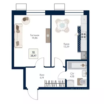 1-к кв. Московская область, Мытищи Бархат жилой комплекс (38.47 м)