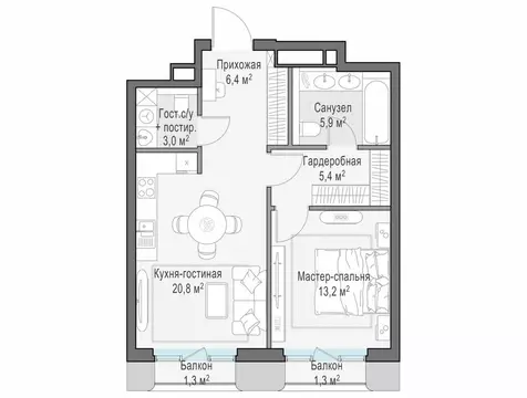 1-комнатная квартира: Москва, ЖК Тишинский Бульвар, к4 (55.6 м)