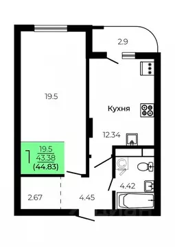 1-к кв. Воронежская область, Воронеж Оникс жилой комплекс (44.83 м)