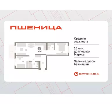 2-комнатная квартира: Новосибирский район, рабочий посёлок Краснообск, ...