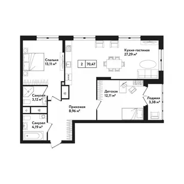 3-к кв. Тульская область, Тула ул. Седова, 26к1 (75.0 м)