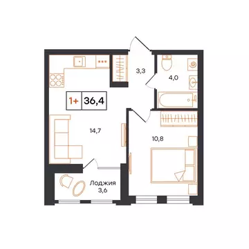 1-комнатная квартира: Тюмень, ЖК UNO (36.4 м)