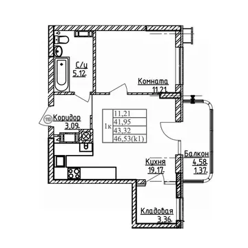 1-к кв. Калининградская область, Калининград ул. Дубовая Аллея (43.32 ...